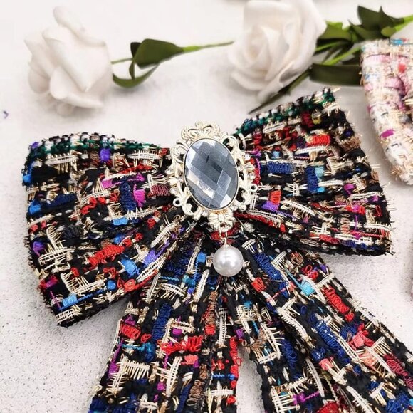 Women's Faux Pearl Rhinestone Bowknot Brooch Pin Elegant Necklace Accessory - Picture 5 of 6